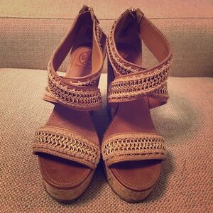 Tory Burch Tan Woven Leather Wedge Sandals